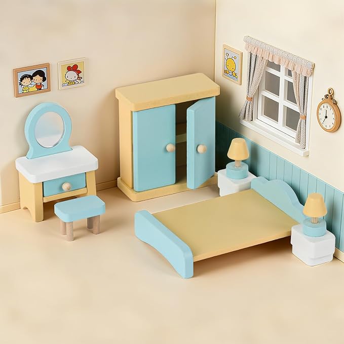 35PCS Wooden Dollhouse Furniture Set with Dolls for 5 Rooms Kits, Doll House Accessories Furniture Toys for Toddlers, Pretend Play Toys Christmas Birthday Gift for Girls and Boys, 3+