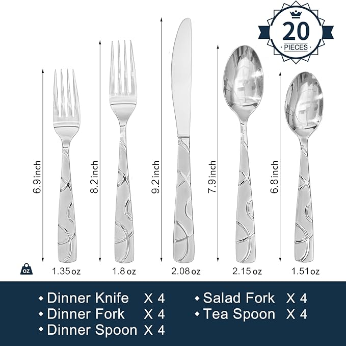 HIKAA 20PCS Silverware Set Service for 4,Premium Stainless Steel Cutlery Set, Mirror Polished Flatware Sets,Modern Kitchen Eating Utensils Set Include Spoons Forks Knives