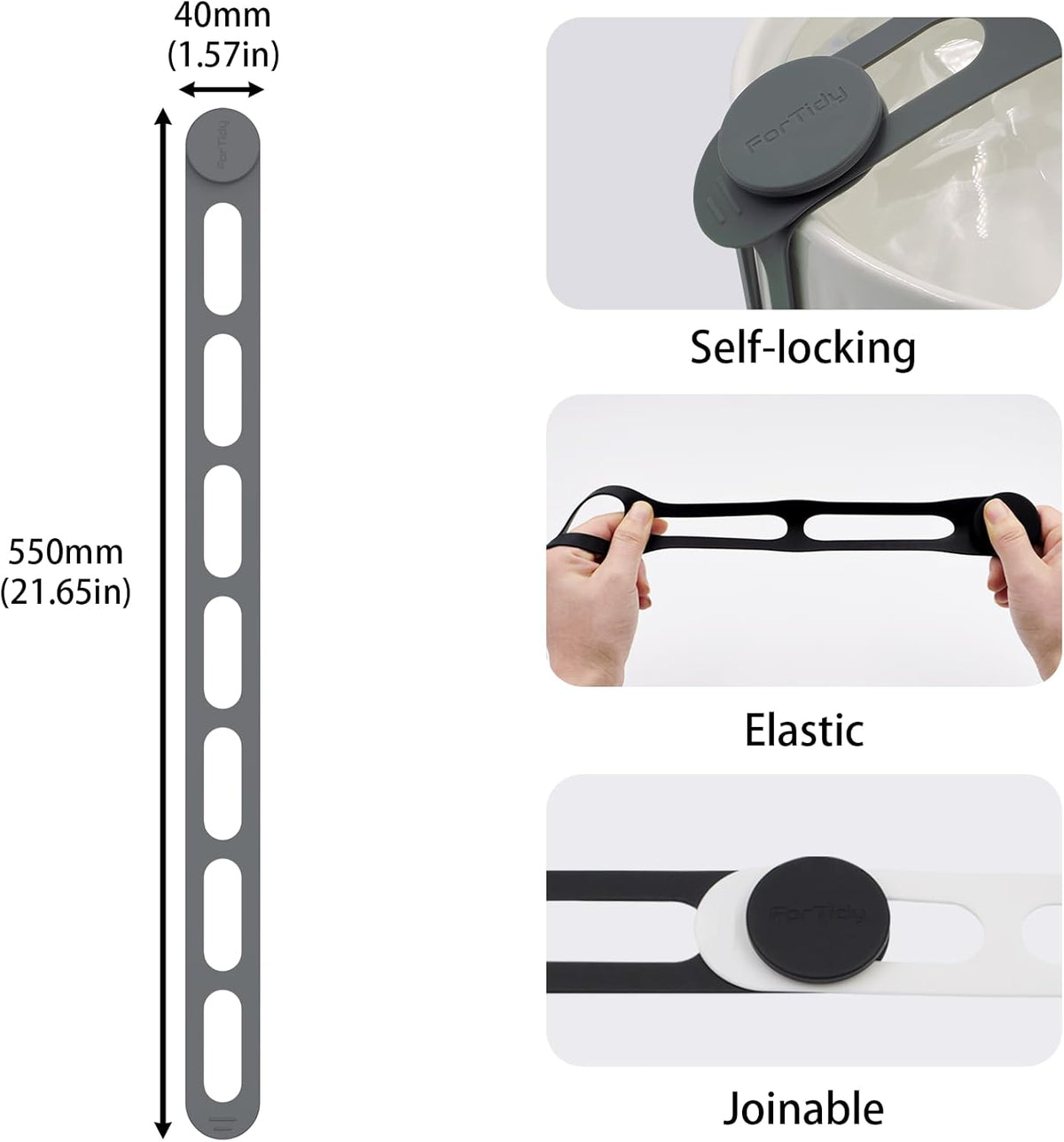 Silicone Latch Strap for Slow Cooker Lid, Pot, Bento Box, 21.65 in Reusable Elastic Self-Lock Silicone Tie for Bundling or Organizing Curtain, Cords, Yoga Mat, Camping Mat, 2pcs (Gray&Gray)