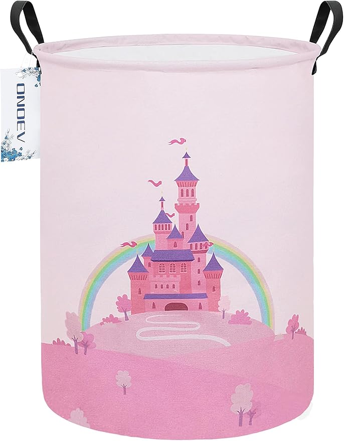 Laundry Hamper, Round Waterproof Storage Basket with Handle, Foldable, Pink Castle, 19.7in(H) x 15.7in(D), for Children's Room and Toy Storage
