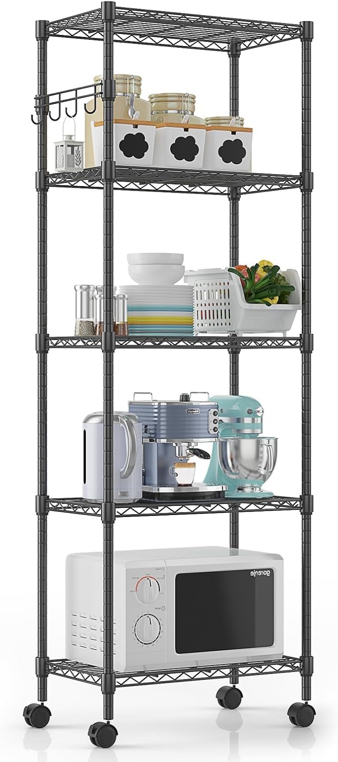 Himimi 5-Tier Wire Shelving Unit on Wheels, Adjustable Heavy Duty Metal Shelves with Side Hooks, Metal Organization Wire Rack for Kitchen Garage Basement, 13" L x 23" W x 72" H, Black