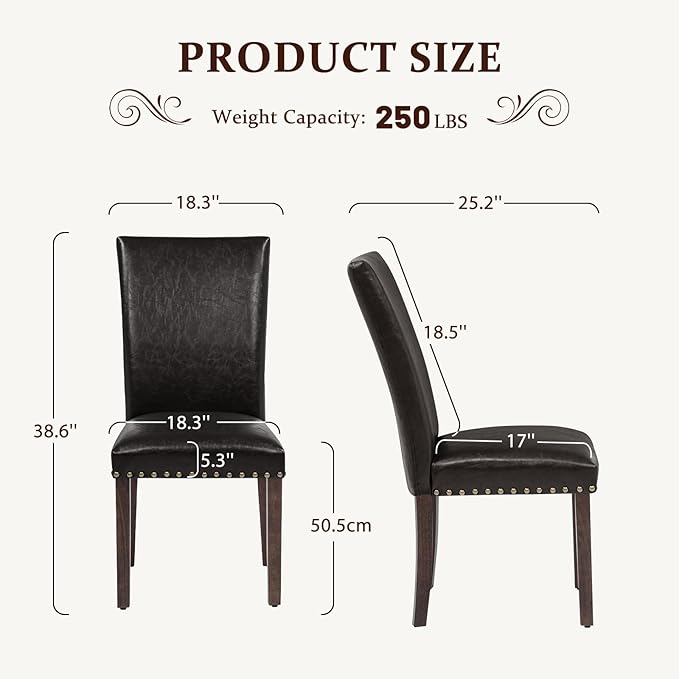 Furniliving Upholstered Dining Chairs Set of 2 - PU Leather Modern Farmhouse Kitchen Chairs, High-Back Dining Room Chairs with Wooden Legs for Kitchen Dining Room Living Room.Brown