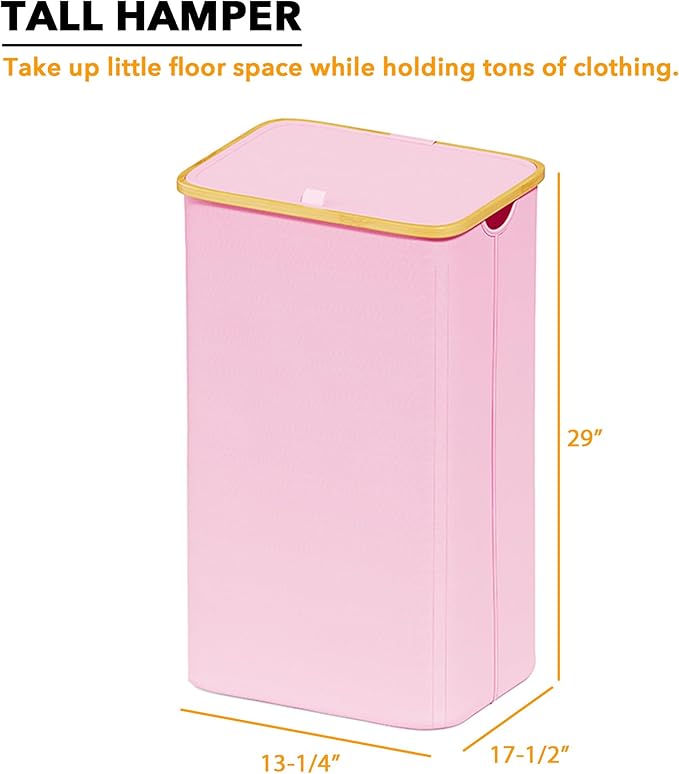SpaceAid Laundry Hamper with Lid, 110L Large Tall Clothes Basket Bin with Bamboo Handles, Collapsible Laundry Hamper for Bedroom, Bathroom, Dorm, Laundry Room - Pink