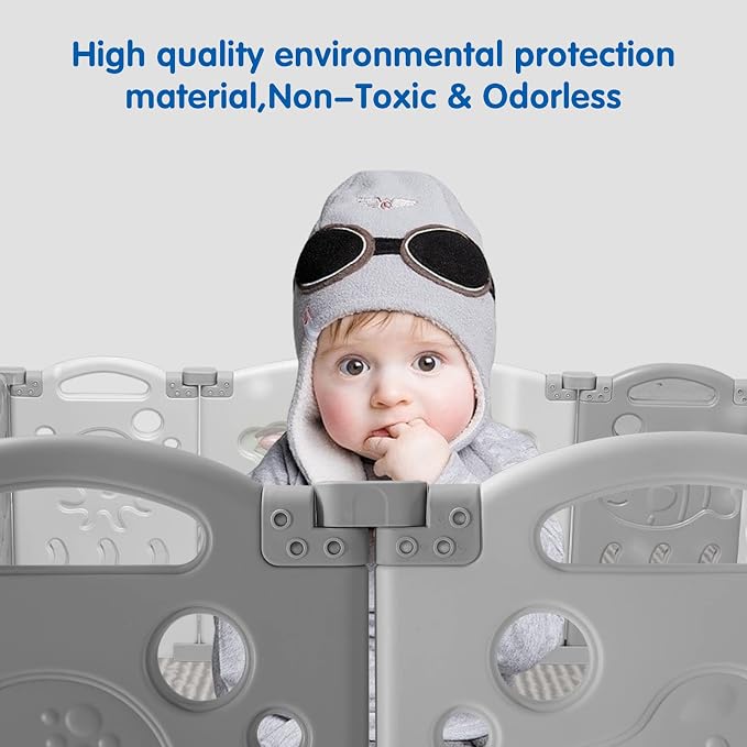 Albott Baby Playpen, Upgraded 14 Panels Foldable Baby Fence with Game Panel and Safety Gate, Adjustable Shape, Portable Play Yards for Children Toddlers Indoors or Outdoors (White+Grey,14 Panel)