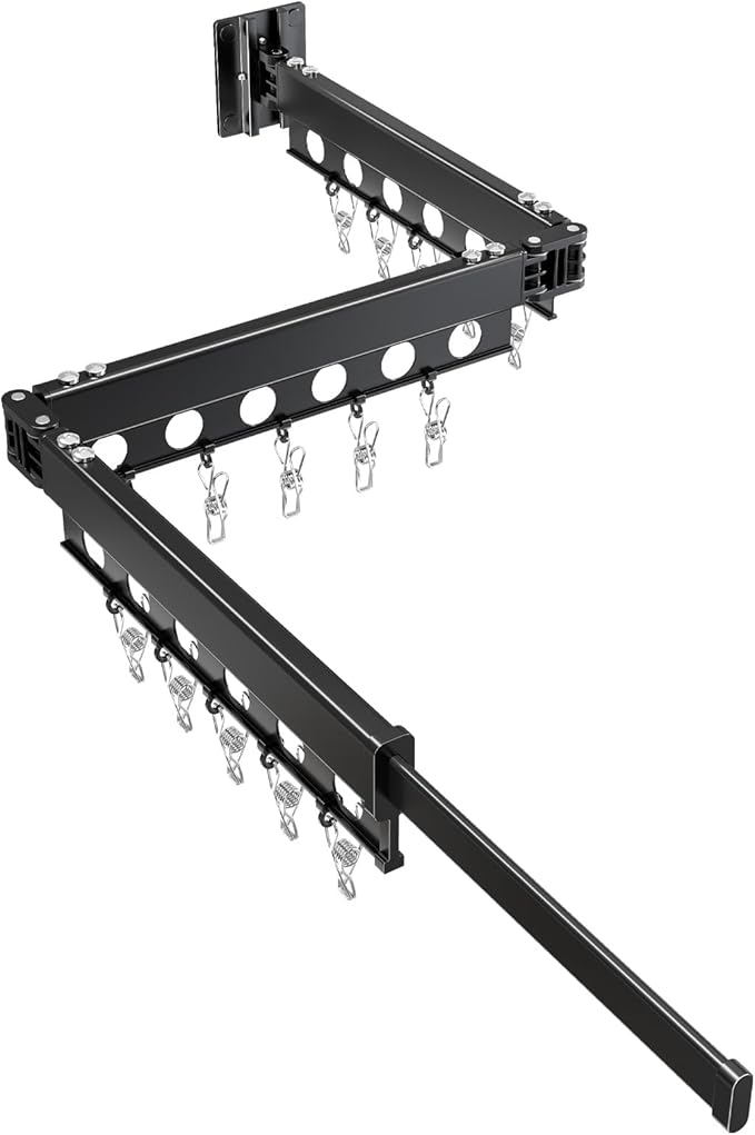 Clothes Drying Rack Foldable Wall Mounted Drying Rack 3 Fold Black-Laundry Drying Rack Durable Clothing Racks for Hanging Clothes