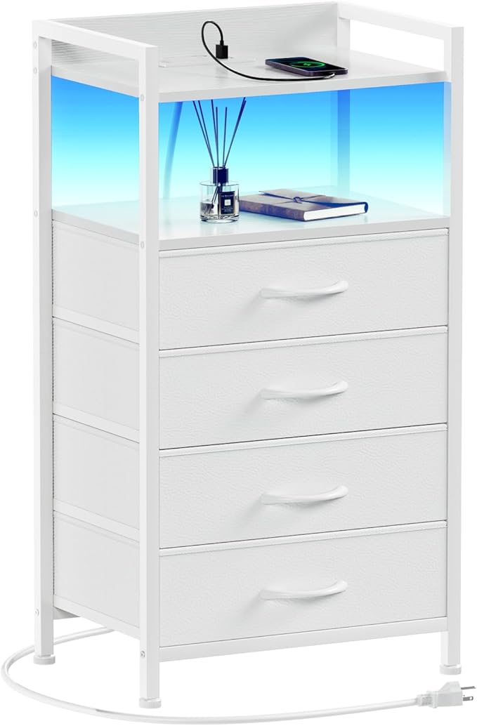 Furnulem White Nightstand with Charging Station, Night Stand Side Table with Led Light, Tall Dresser for Bedroom with 4 Fabric Storage Drawers, Metal Frame, Wood Shelf(White)