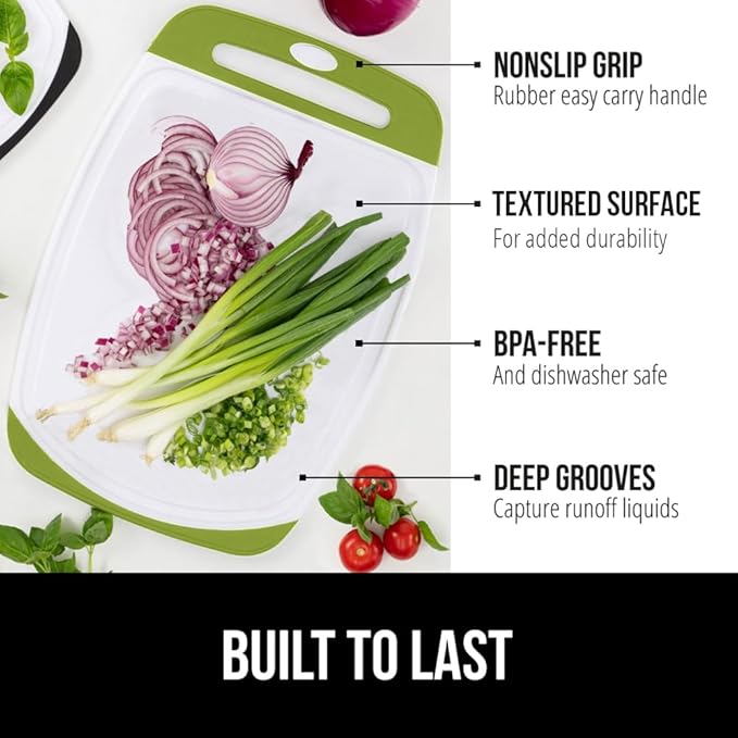 GORILLA GRIP BPA-Free Reversible Kitchen Cutting Board Set of 3, US Designed, Nonporous, Juice Grooves Catch Liquid, Slip Resistant Border, Dishwasher Safe, Durable Food Chopping Boards, Lime Green