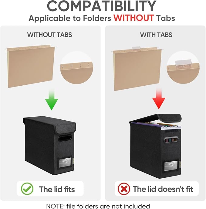 BALEINE File Organizer Box with Lid, Collapsible File Folder Organizer with Plastic Slide, Hanging File Folder Box for Office Document Storage (2 Pack, Black, S)