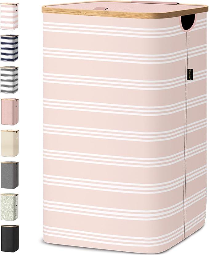 BALEINE Laundry Hamper with Lid, Tall Laundry Baskets with Bamboo Pull Handles, Large Laundry Bin with Internal Support (26 Gal/100L, Pink Pinstripe)