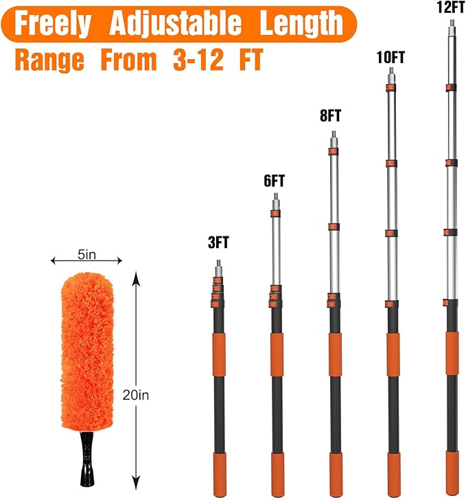 20FT High Reach Duster Cleaning Kit with Extension Pole, High Ceiling Fan Cleaner Duster Tool for Fan Blades, Window Washing Kit with Microfiber Feather Duster & Window Squeegee & Bucket