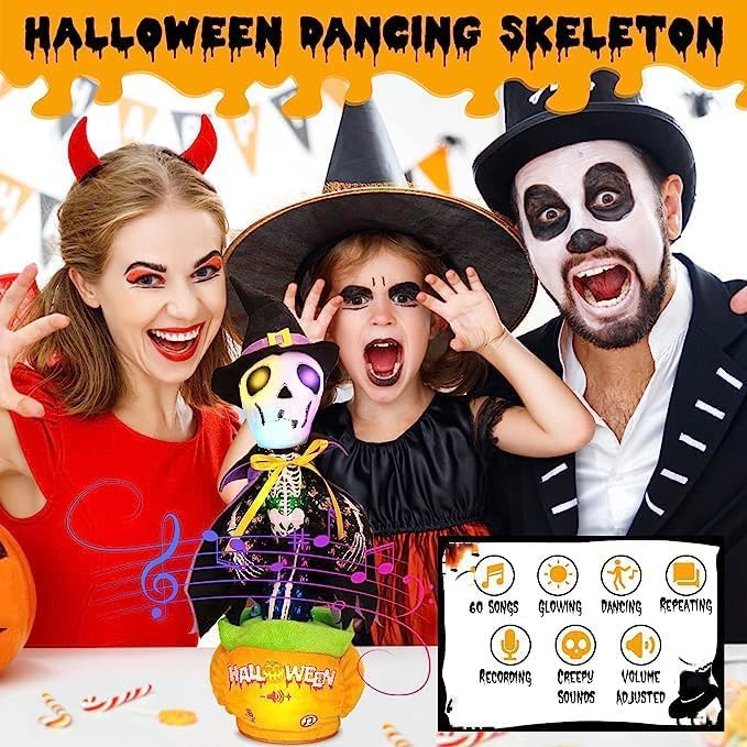 Emoin Halloween Skeleton Dancing Cactus Mimicking Toy, Talking Skull Cactus Toy Repeats What You Say,Singing Glowing Halloween Indoor&Outdoor Decorations
