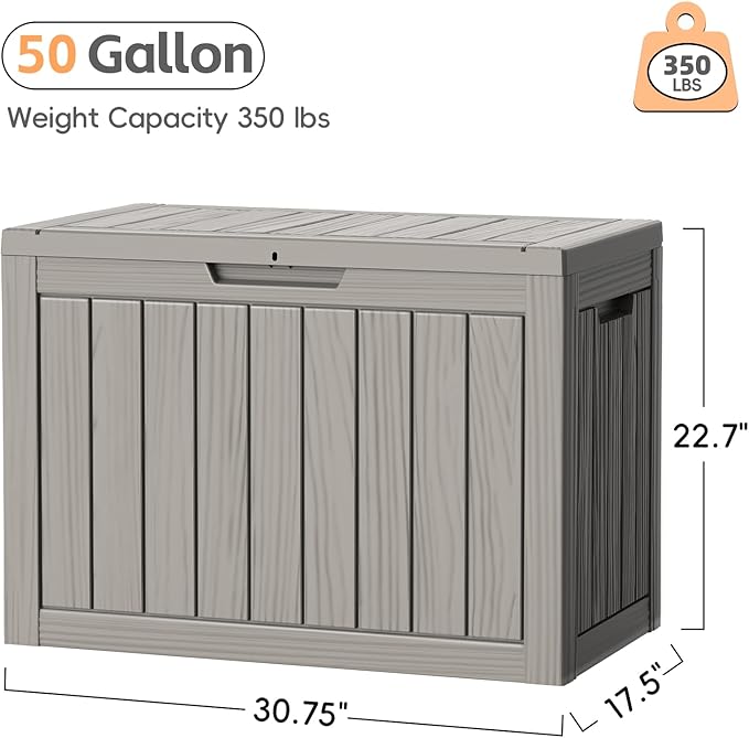 Outdoor Storage Box, 50 Gallon Waterproof Resin Deck Box, Storage Bin for Package Delivery, Patio Furniture Cushion, Garden Tools, Pool Accessories, Weatherproof and UV Resistant, Grey
