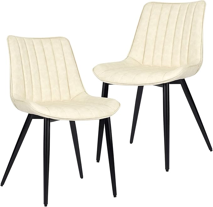 Faux Leather Dining Chairs Set of 2 Mid Century Modern Leisure Upholstered Chair with Metal Legs for Kitchen Living Room Beige