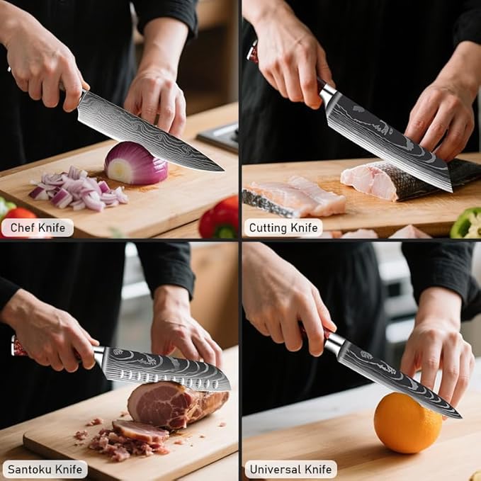 8-Piece Premium Japanese Kitchen Knife Set - Imperial Collection, Laser Damascus Pattern, 440A Stainless Steel Ultra Sharp for Fast Cutting (Red 8J)
