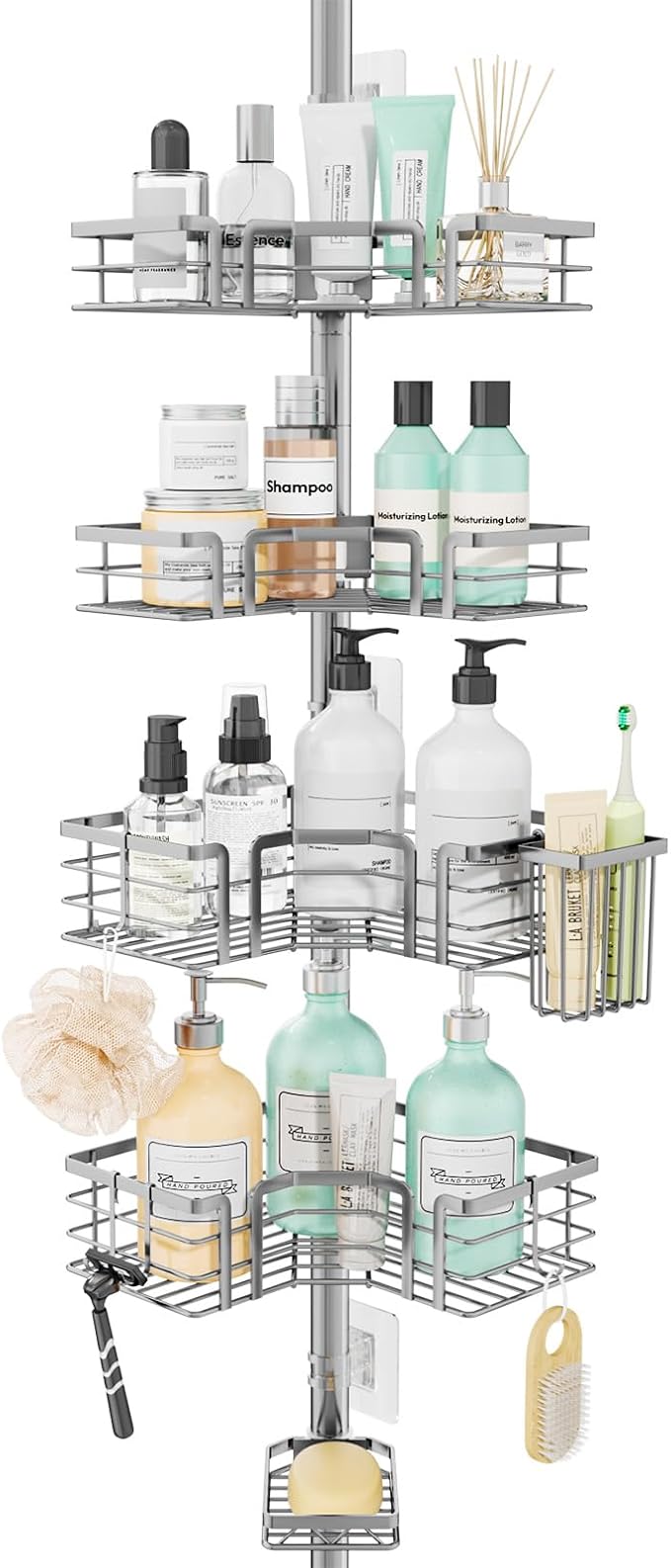 SWTYMIKI Shower Caddy Tension Pole - 4-Tier Corner Shower Organizer Tension Rod with Soap Holder, Toothbrush Holder & 4 Hooks, Adjustable Stainless Steel Bathroom Organizer 27.6 to 108.3 inch, Silver