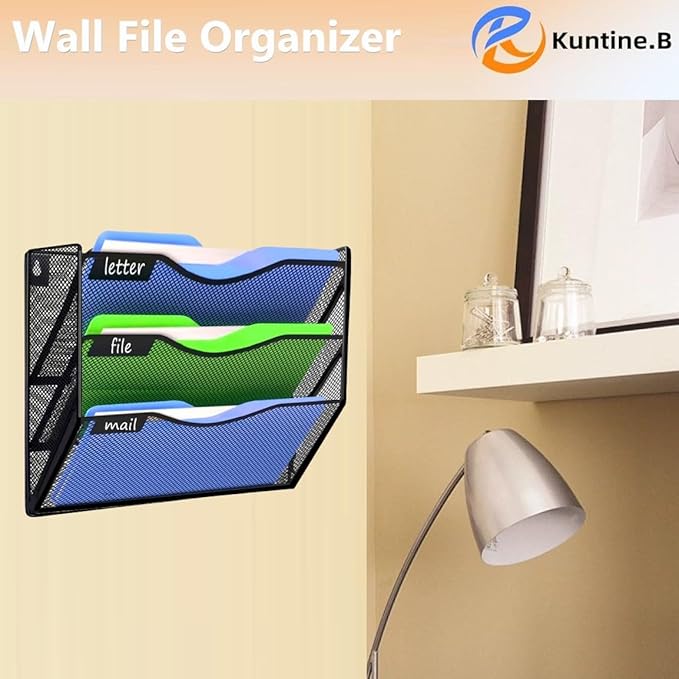 Kuntine.B Wall File Organizer Office Hanging Magazine Holder Wall File Organizer for Office Home (Black, 3 Tier)