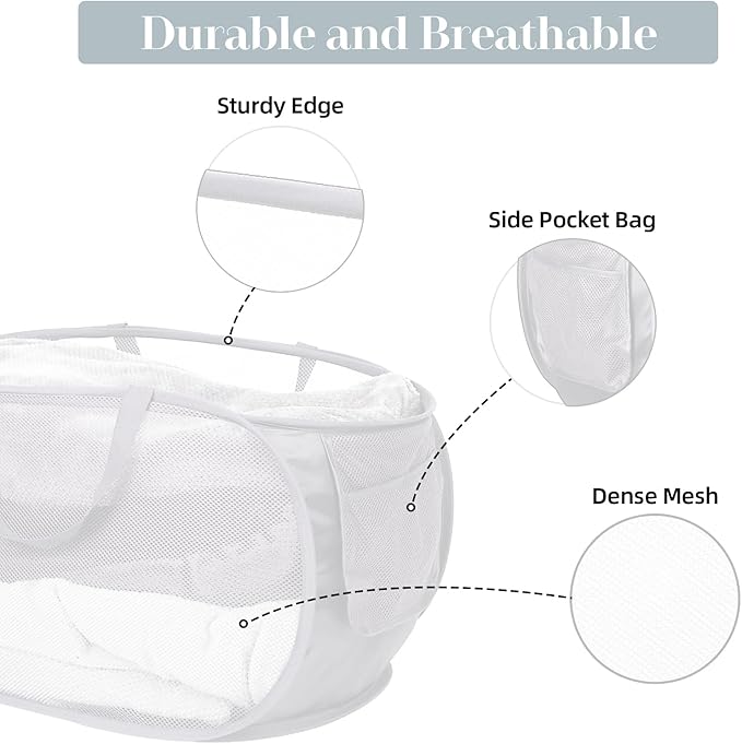 4 Pack Collapsible Laundry Baskets, Foldable Laundry Basket with Pocket, Durable Pop Up Hampers, Reinforced Handles Dirty Clothes Hamper for Laundry, Bedroom, Bathroom, Dorm, Travel or Camping White