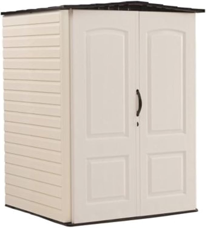 Rubbermaid Medium Vertical Resin Outdoor Storage Shed With Floor (4.3 x 4.6 Ft), Weather Resistant, Beige/Brown, Organization for Home/Backyard/Garden Tools/Lawn Mower/Bike Storage/Pool Supplies