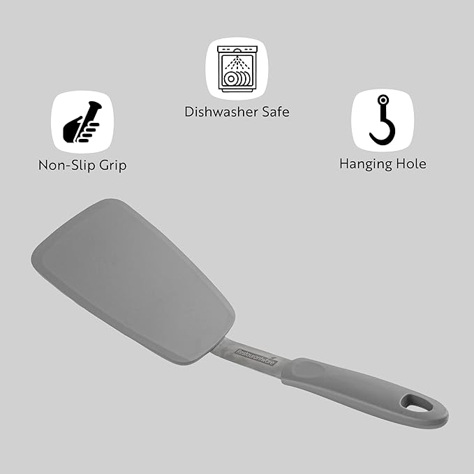 Restaurantware Comfy Grip 12 x 3 Inch Silicone Turner 1 Durable Cooking Turner - Stainless Steel Body Rubber Handle With Hole Gray Silicone Flipper Spatula Tolerates Up To 446F Dishwashable