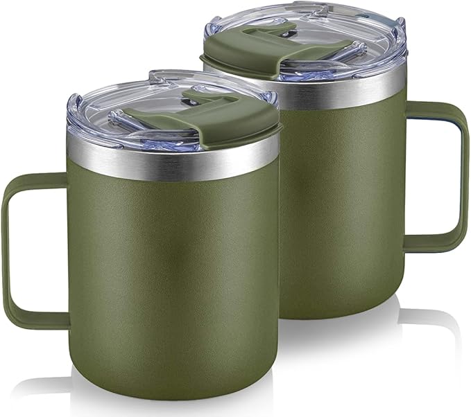 ALOUFEA 12oz Stainless Steel Insulated Coffee Mug with Handle, Double Wall Vacuum Tumbler Cup with Fliping Lid, Army Green, 2 Pack