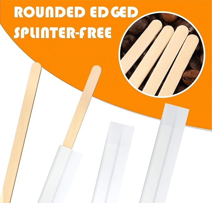 2000Pcs Disposable Wood Coffee Stir Sticks Stirrers Individually Paper Wrapped Coffee Tea Beverage Stirrers Stirrings 5.5 Inch,140mm