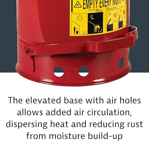 Justrite 14 Gallon Galvanized Steel Oily Waste Can, 20" x 16" Metal Oil Rag Safety Can with Foot Operated Self-Closing Lid for Oil Rag Disposal, Made in The USA, Red, 09500