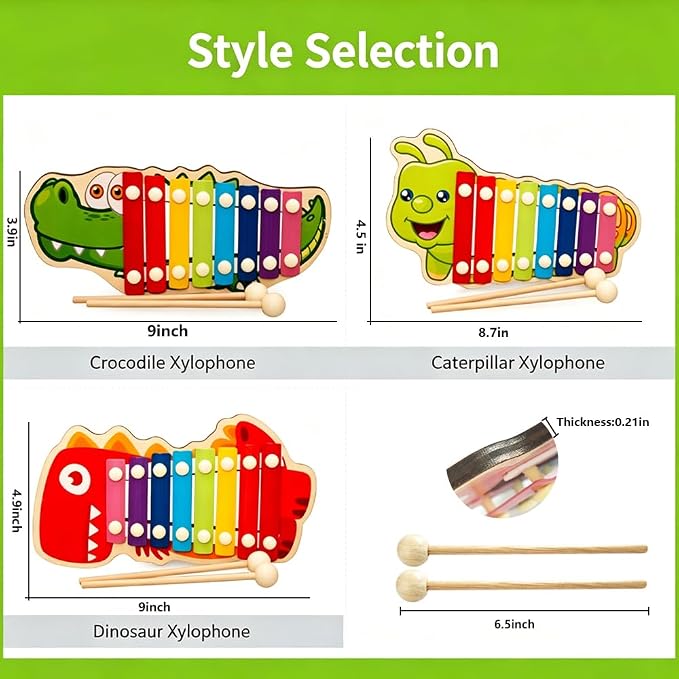 Xylophone for Toddlers, Animal Shape Wooden Baby Xylophone with 8 Scales and 2 Mallets,Colorful Kids Musical Instrument Educational Montessori Toys (Dinosaur)