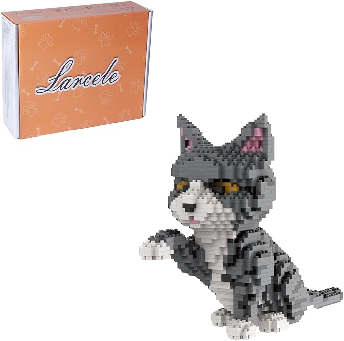 Larcele Cat Mini Building Blocks Animal Set, DIY Micro 3D Building Toy Bricks,1300 Pieces KLJM-05(Grey and White Cat)