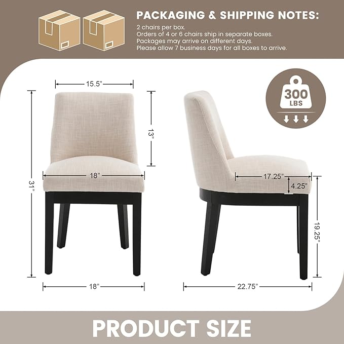 Modern Dining Chairs Set of 4 Comfortable Dining Room Chairs with Back, Linen Fabric Upholstered Kitchen Side Chairs with Black Wood Legs for Living Room, Beige
