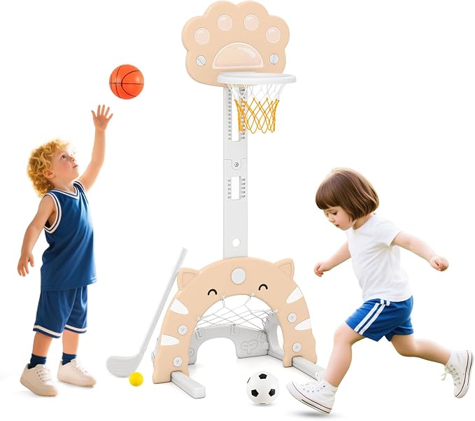 Costzon 3 in 1 Toddler Basketball Hoop, Height Adjustable Kids Sports Center w/Foldable Basketball, Soccer & Golf Game, Indoor Outdoor Activity Playset w/Foldable Rim, Gift for Children Baby Infant