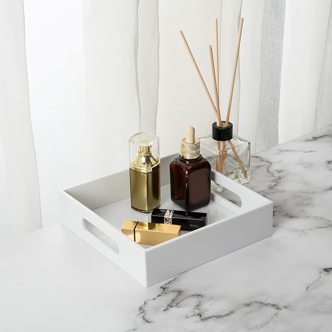 White Sturdy Acrylic Tray with Handles-8x8 Inch- Countertop Organizer Tray for Kitchen,Bathroom,Office- Storage Box for Cosmetics, Jewelry,Toiletries,Toy,Gadgets