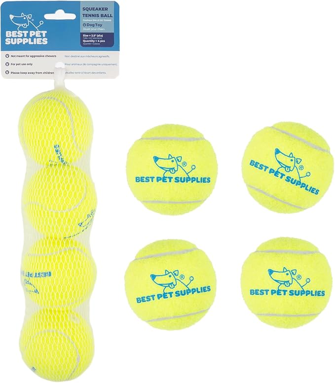 Best Pet Supplies Interactive Squeaky Dog Chew Toy, Ideal Dog Toys for Chewers, Small, Medium & Large Dogs, and Fetch Lovers - Tennis (Yellow), Small (Pack of 4)