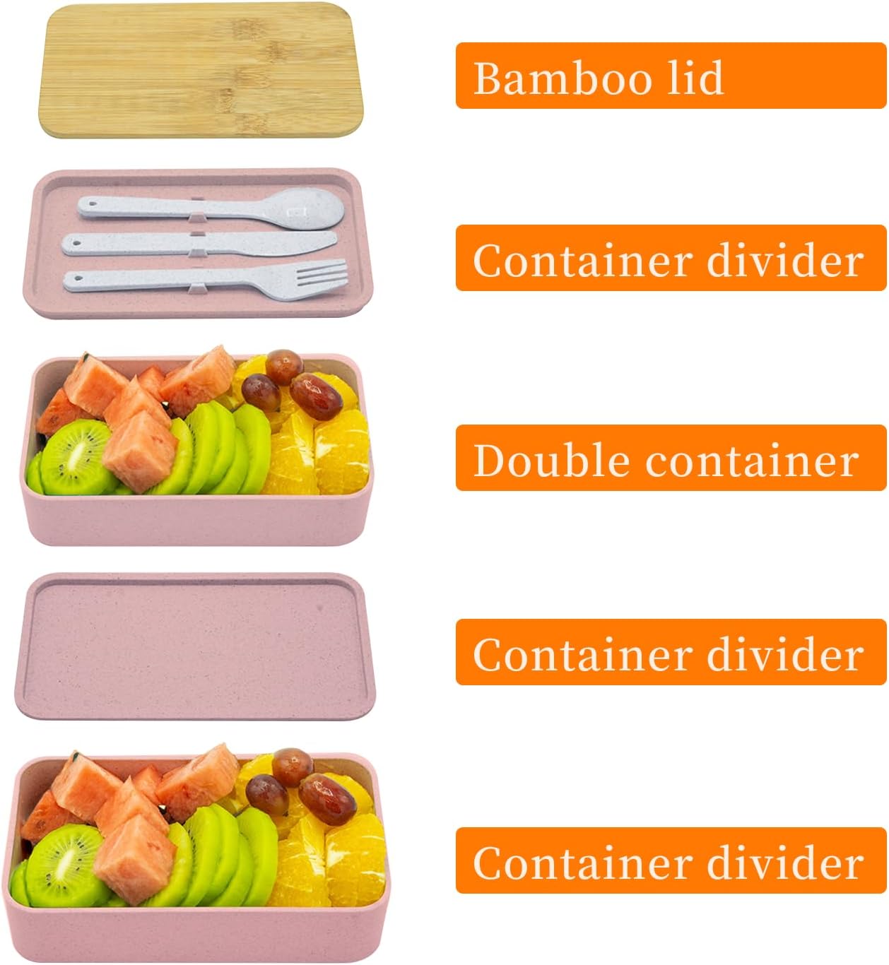Bento Box Adult Lunch Box with Dividers, Pink, Plastic