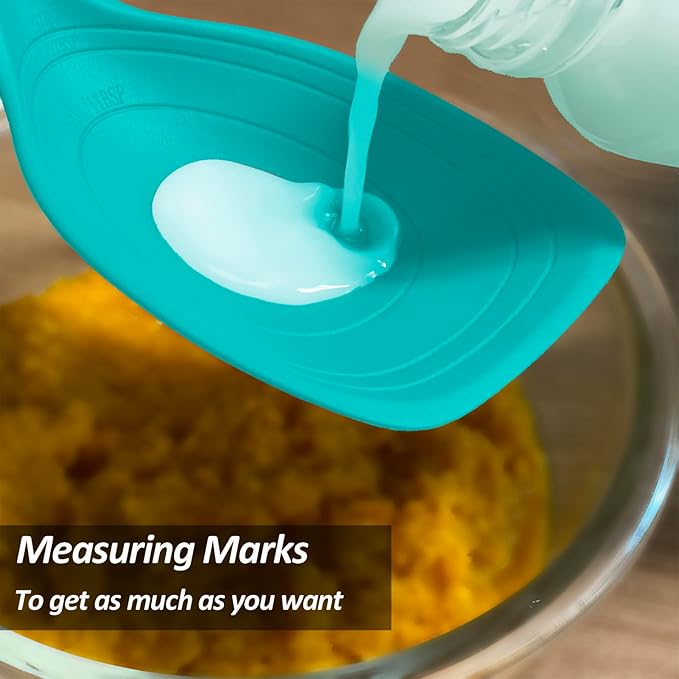 2 Pack Large Silicone Cooking Spoons set, Non-Stick Slotted/Solid Spoon set with Deep Bolw& Measurement Mark for Mixing, Serving, Draining, Scooping, Scraping, Heat Resistant Kitchen Utensils,Teal