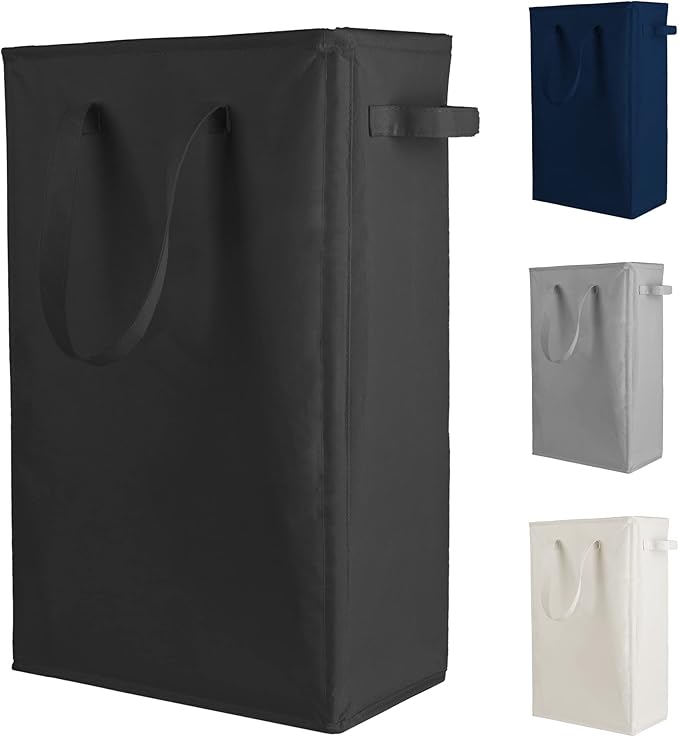 Odonata Slim Laundry Hamper Handles Collapsible Laundry Basket Thin Dirty Clothes Basket Narrow Laundry Bag Foldable Dirty Hamper 45L (Black)