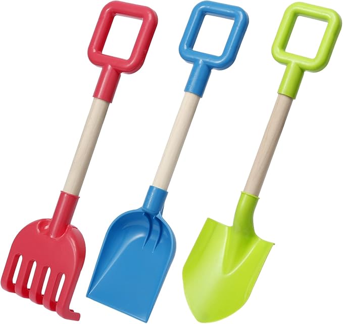 Jumbo Beach Shovels Rake Spade Toys Set for Kids, 16" Long Wooden Handle ABS Plastic Sand Scoop, Planting Summer Winter Gift for Mud Sand Snow Digging, Backyard Gardening Tool Accessories, 3 Pack