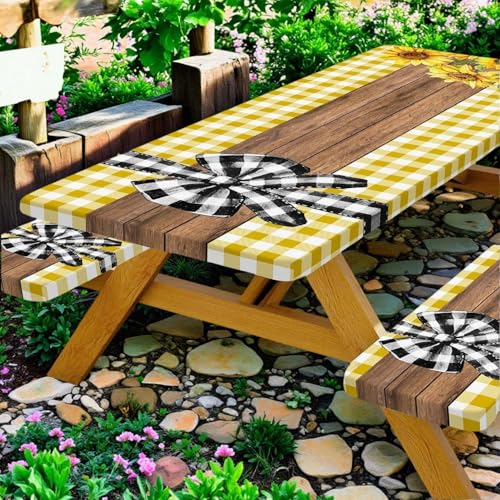 Picnic Table Cover with Bench Covers, Sunflower Buffalo Plaid Farmhouse Wood Waterproof Elastic Fitted Tablecloths Outdoor Camping Essentials, with Drawstring Bag, 96in, Yellow - color: Yellow, size: 30X96inch