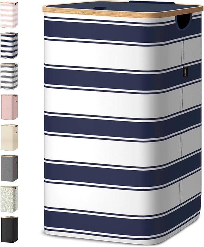 BALEINE Laundry Hamper with Lid, Tall Laundry Baskets with Bamboo Pull Handles, Large Laundry Bin with Internal Support (26 Gal/100L, Blue Stripe)