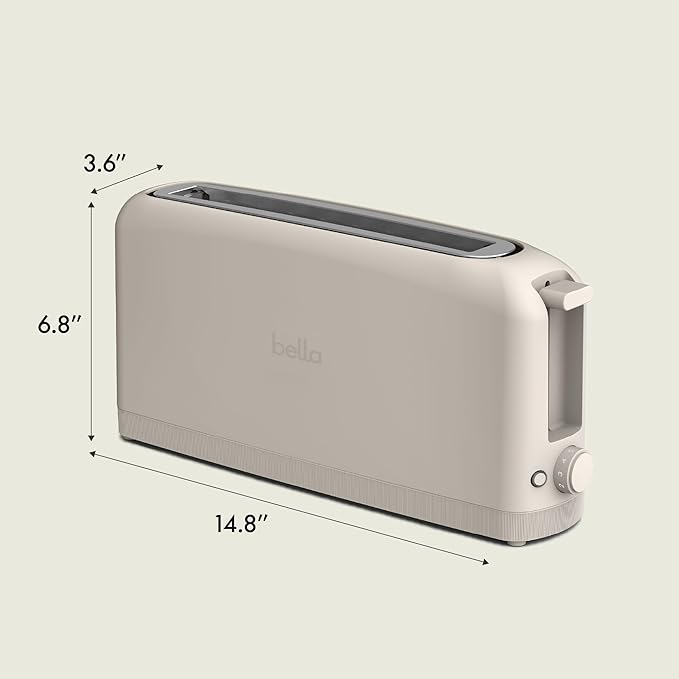 bella 2 Slice Slim Toaster, Fits-anywhere™ Kitchenware, 6 Setting Shade Control with Reheat & Cancel Buttons, Fits sourdough, 10” Long Slot, Anti Jam & Auto Shutoff, 900 Watt, Oatmilk