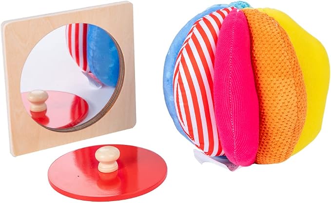 Montessori Baby Toys Play Kit - Mirror, Peekaboo, Knob Puzzle, Rainbow Fabric Ball - For 6-12 Months Toddlers