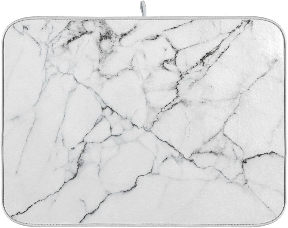White Grey Marble Dish Drying Mat for Kitchen Counter Absorbent Microfiber Drying Pad, Medium 16x18 in, Reversible Drainer Mats