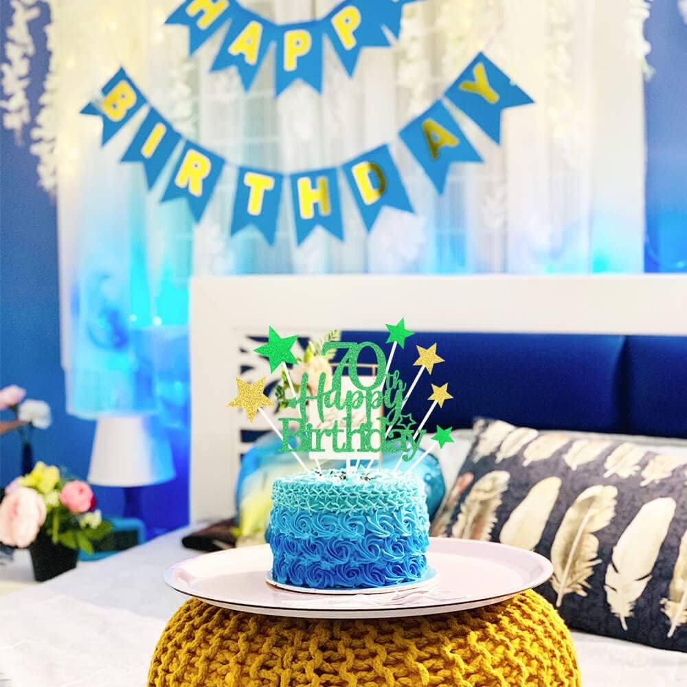 Glittery 70th Happy Birthday Cake Topper with Star,Personalised 70 Birthday Cake Toppers Party Decorations Party Supplies for Boys Girls Green Gold