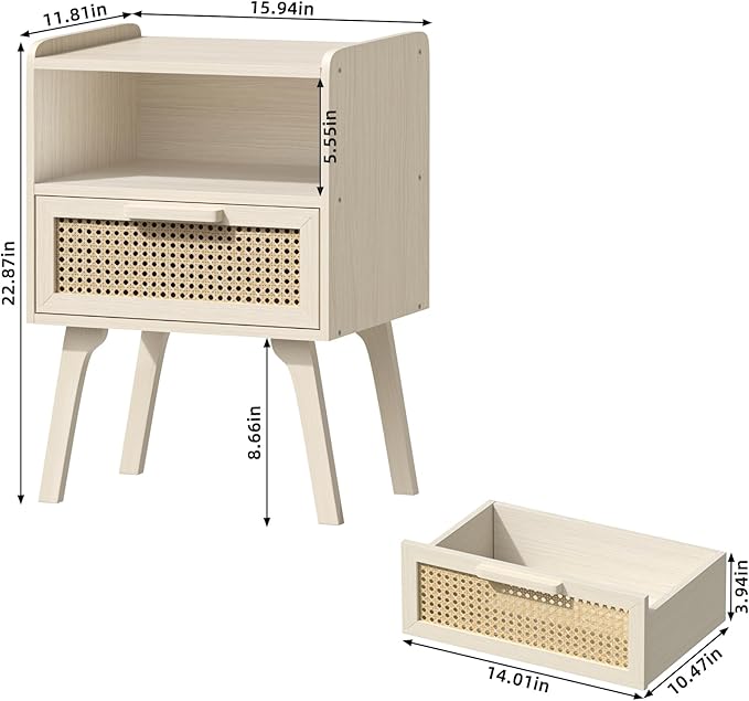 Lerliuo Rattan Nightstand, Side Table with Drawer Open Shelf, Cane Accent Bedside End Table with Solid Wood Legs, Mid Century Modern Night Stand for Bedroom, Dorm and Small Spaces (Grey White)