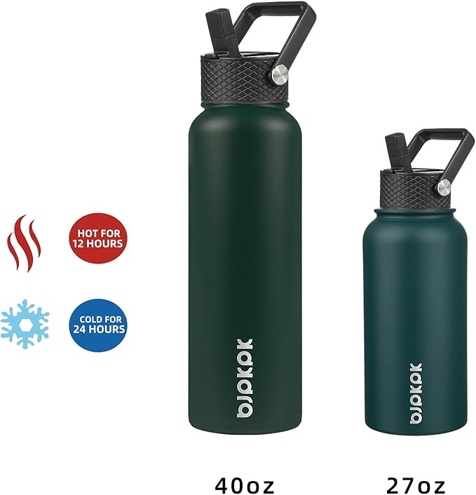 BJPKPK Insulated Water Bottles with Straw Lid, 27oz Stainless Steel Water Bottle with 3 Lids, Leak Proof BPA Free Metal Thermos Mug, Sports Water Bottle Keep Cold & Hot- Army Green (Pack of 2)