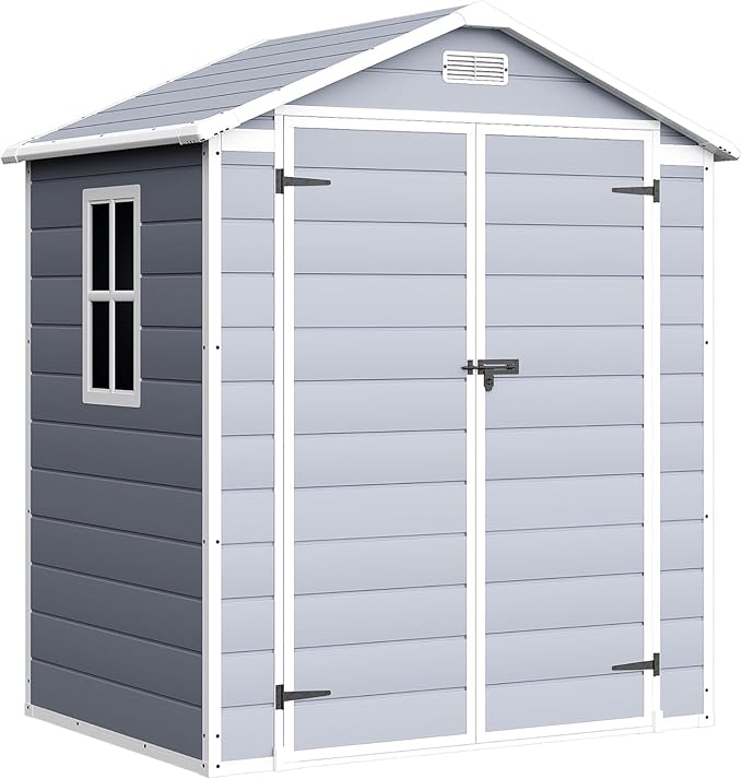 Devoko 6 x 4 FT Plastic Outdoor Storage Shed with Floor, Resin Garden Shed with Window, Outside Waterproof Tool Shed with Lockable Door for Backyard, Patio, Poolside, Light Grey