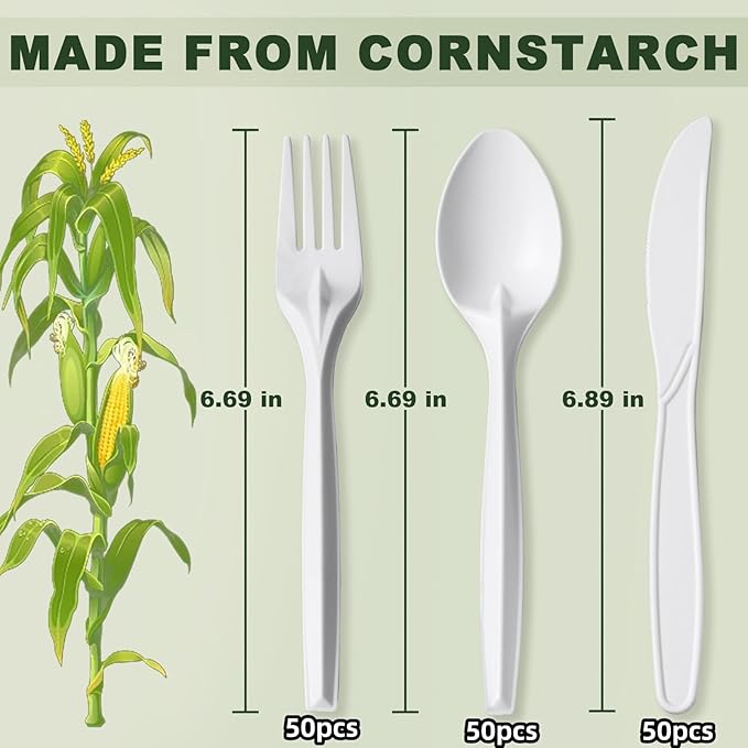 150PCS compostable utensils set Eco-friendly Heavy Duty Utensils (50 Forks, 50 Spoons, 50 Knives) Compostable Cutlery Set Biodegradable Utensils disposable silverware for party BBQ, Picnic Daily Use