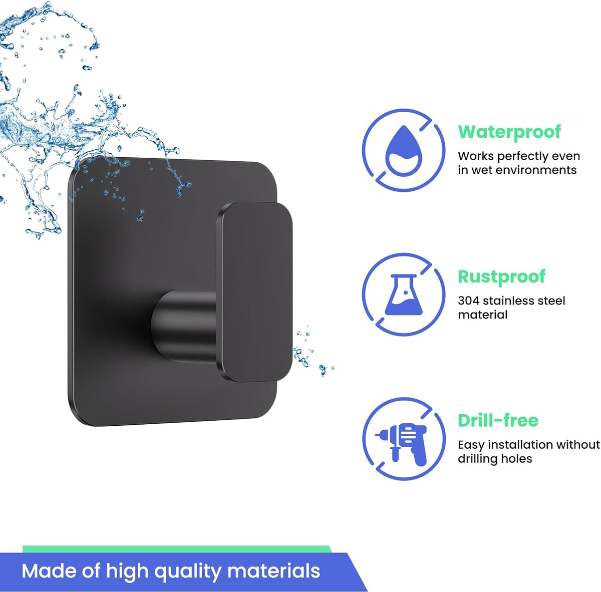 Black Hooks for Hanging Heavy Duty, Adhesive Hooks for Shower, Bathroom, Kitchen, Robe, Towel, Coat, Waterproof & Rustproof Hook for Walls No Damage, Stainless Steel Sticky Hook - 4 Pack