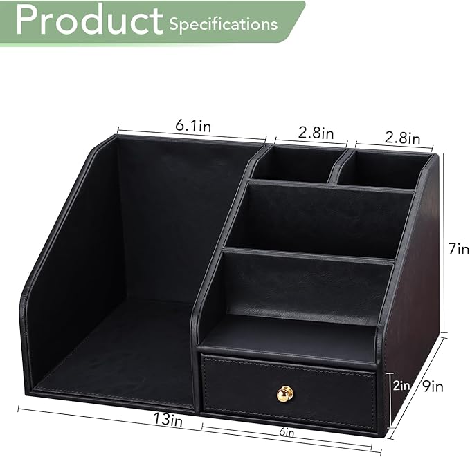 GORESE PU Leather Desk Organizer, File Organizer with Drawer and 4 Compartments, Desktop Organization with Magazine file Holder for Office Supplies, Elegant Gift for Men Who Have Everything, Black