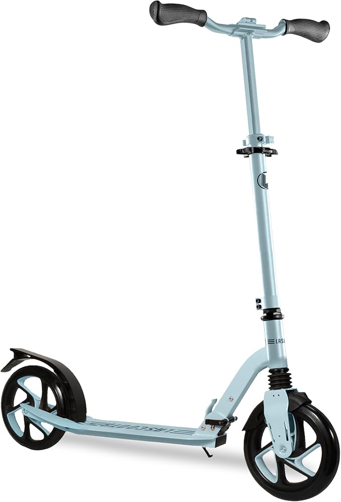 LaScoota Kick Scooter for Kids Ages 6+, Teens & Adults, Large 8" Sturdy Urethane Wheels. Adjustable Handlebar, Lightweight, Foldable, 220lbs Max Load