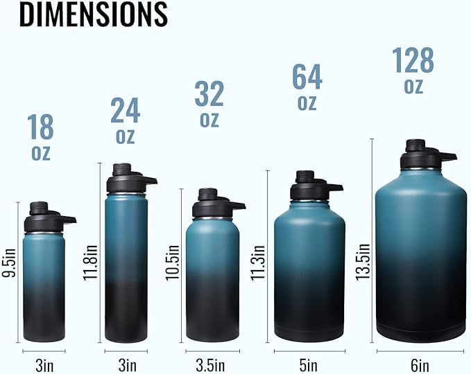 Gallon Water Bottle with 2 Lids (Straw & Spout), 304 Stainless Steel Water Jug with Handle and Wide Mouth, 1 Gallon Vacuum Double Walled Jug for Sports, Outdoors, Blue&Black 128 oz